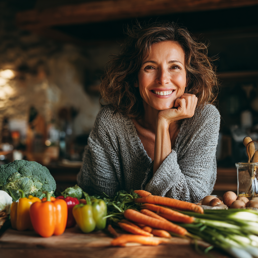 Smiling middle-aged woman in her late 40s sitting at a wooden kitchen table with fresh colorful vegetables and healthy meal ingredients, natural lighting creating a warm atmosphere
